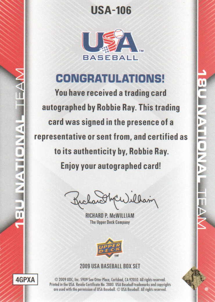 2009-10 USA Baseball #USA106 Robbie Ray AU back image
