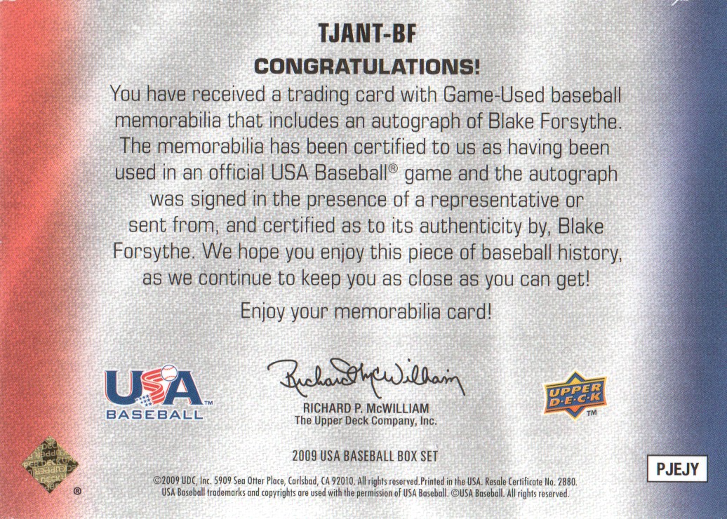2009-10 USA Baseball National Team Jersey Autographs #BF Blake Forsythe back image