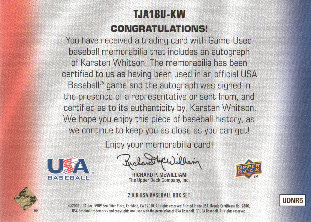 2009-10 USA Baseball 18U National Team Jersey Autographs #KW Karsten Whitson/37 back image