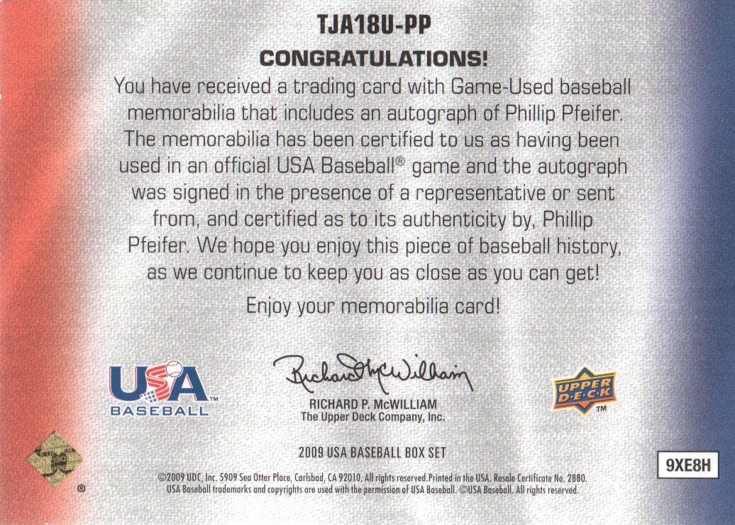 2009-10 USA Baseball 18U National Team Jersey Autographs #PP Phillip Pfeifer/39 back image
