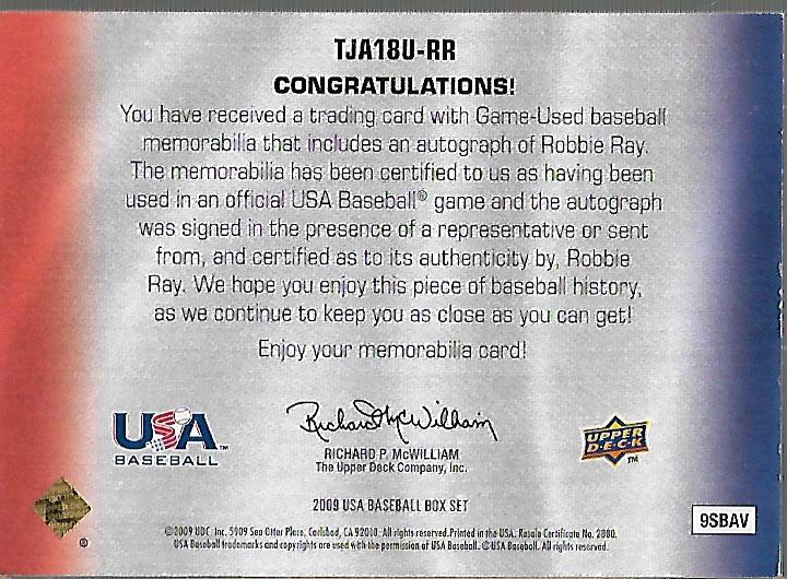 2009-10 USA Baseball 18U National Team Jersey Autographs #RR Robbie Ray/149 back image
