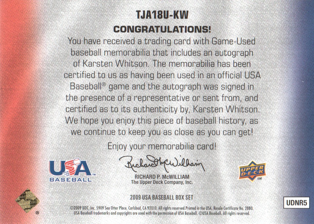 2009-10 USA Baseball 18U National Team Jersey Autographs Red #KW Karsten Whitson back image