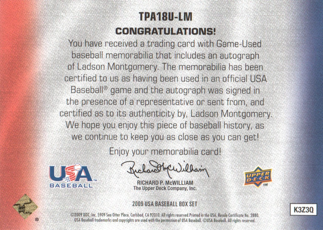 2009-10 USA Baseball 18U National Team Patch Autographs #LM Ladson Montgomery back image