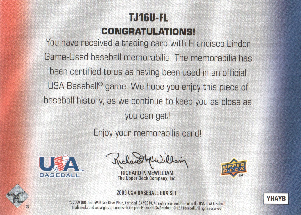 2009-10 USA Baseball 16U National Team Jerseys #FL Francisco Lindor back image