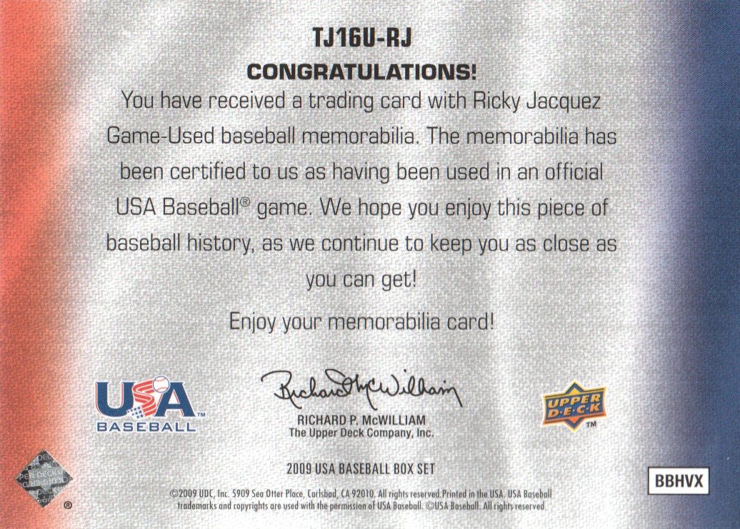2009-10 USA Baseball 16U National Team Jerseys #RJ Ricardo Jacquez back image