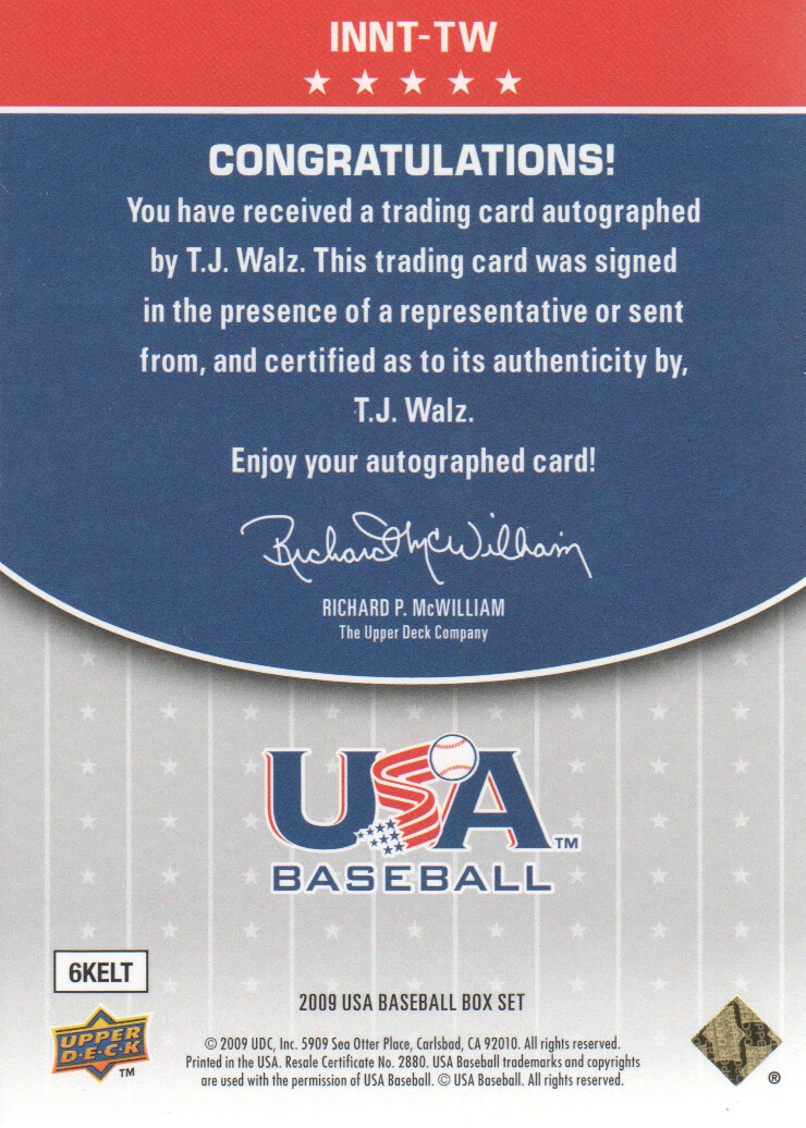 2009-10 USA Baseball National Team Inscriptions Autographs #TW T.J. Walz back image