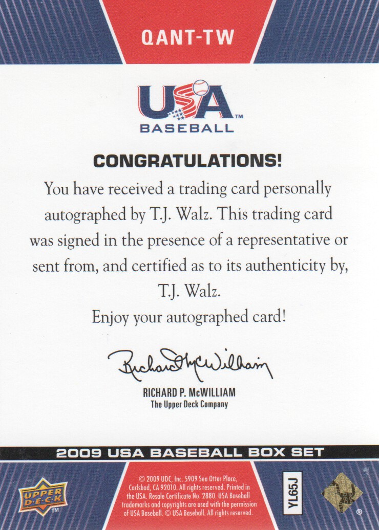 2009-10 USA Baseball National Team Q And A Autographs #TW T.J. Walz back image