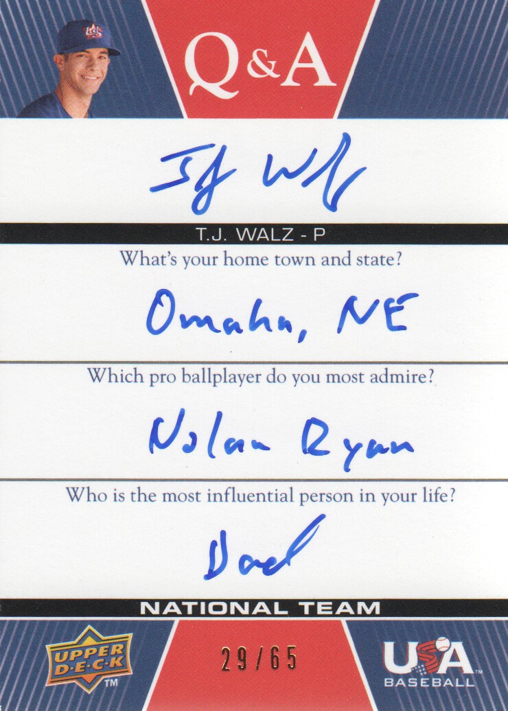 2009-10 USA Baseball National Team Q And A Autographs #TW T.J. Walz