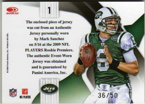2009 Playoff National Treasures Rookie Colossal Materials Prime Tag #1 Mark Sanchez back image