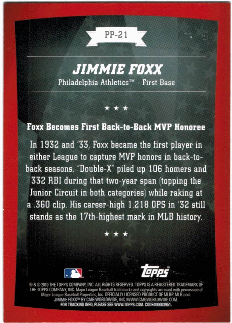 2010 Topps Peak Performance #21 Jimmie Foxx back image