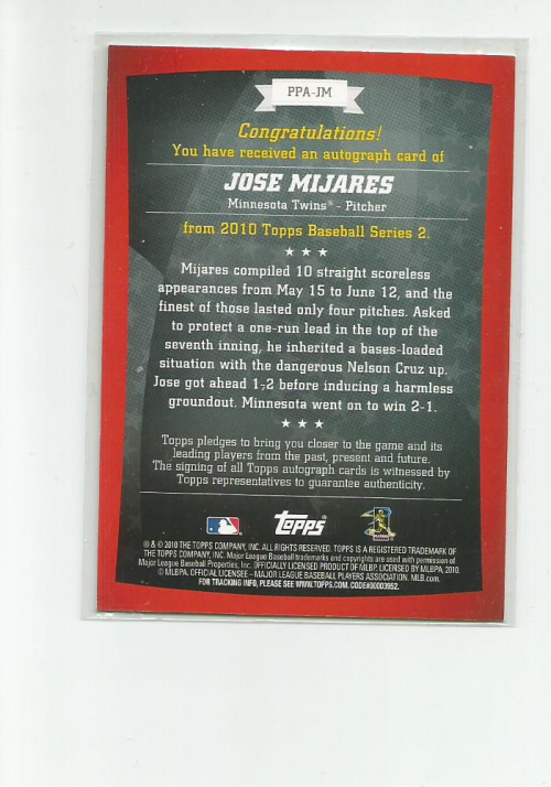 2010 Topps Peak Performance Autographs #JMI Jose Mijares D1 back image