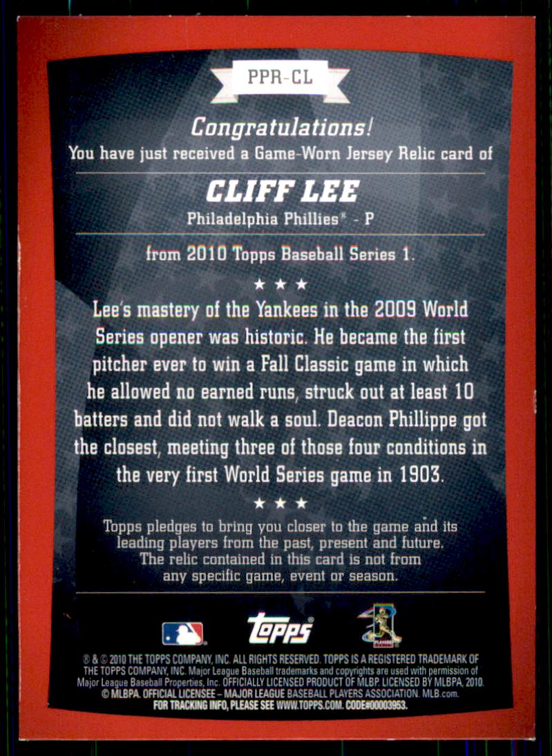 2010 Topps Peak Performance Relics #CL Cliff Lee B back image
