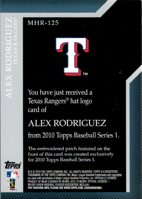 2010 Topps Manufactured Hat Logo Patch #MHR125 Alex Rodriguez back image