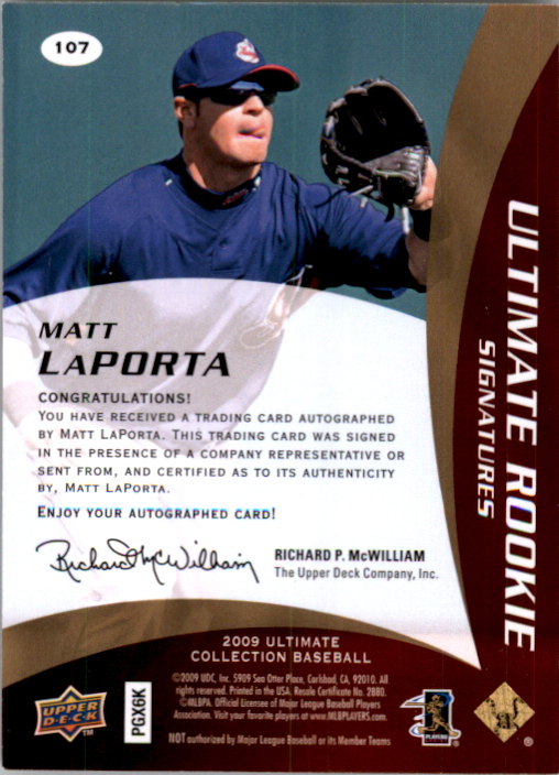 2009 Ultimate Collection Gold Rookie Signatures #107b Matt LaPorta/45 back image