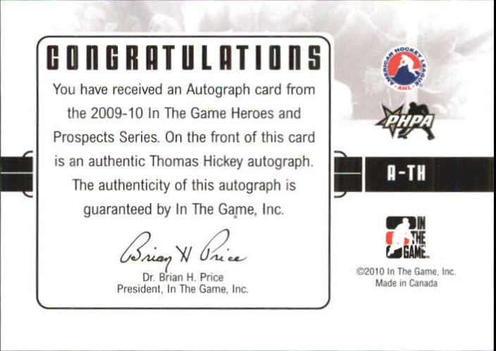2009-10 ITG Heroes and Prospects Autographs #ATH Thomas Hickey back image