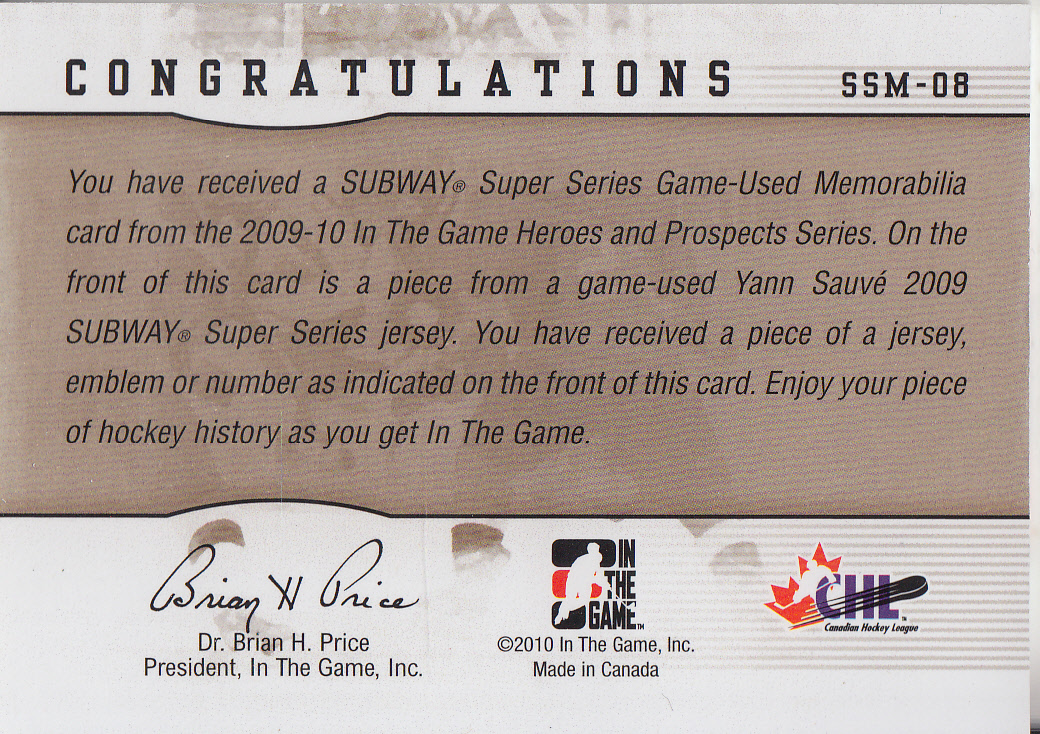 2009-10 ITG Heroes and Prospects Subway Series Jerseys #SSM08 Yann Sauve back image