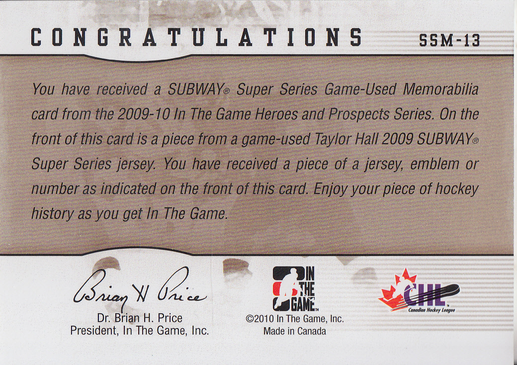 2009-10 ITG Heroes and Prospects Subway Series Jerseys Gold #SSM13 Taylor Hall back image