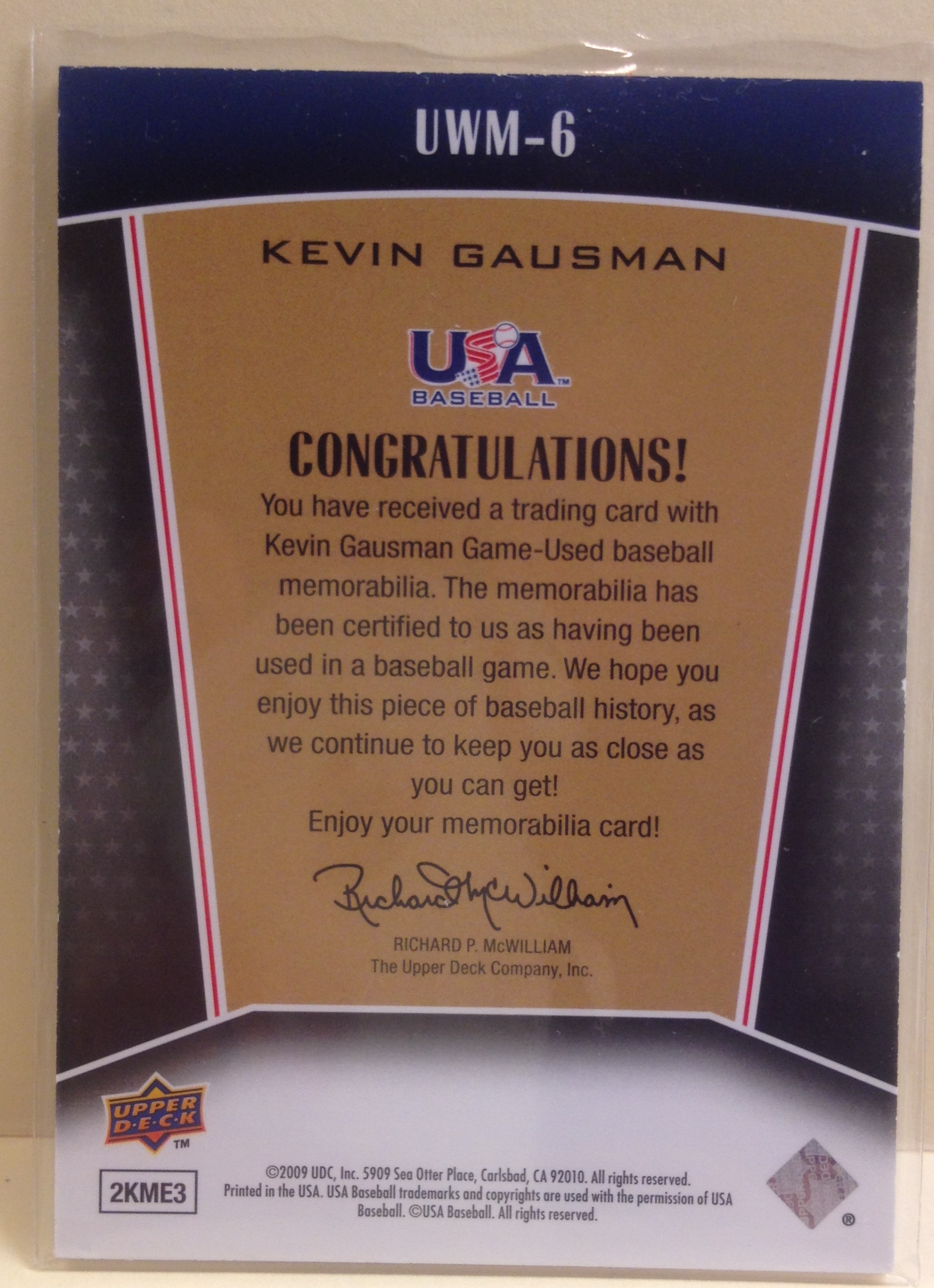 2009 Upper Deck Signature Stars USA Winning Materials #6 Kevin Gausman back image