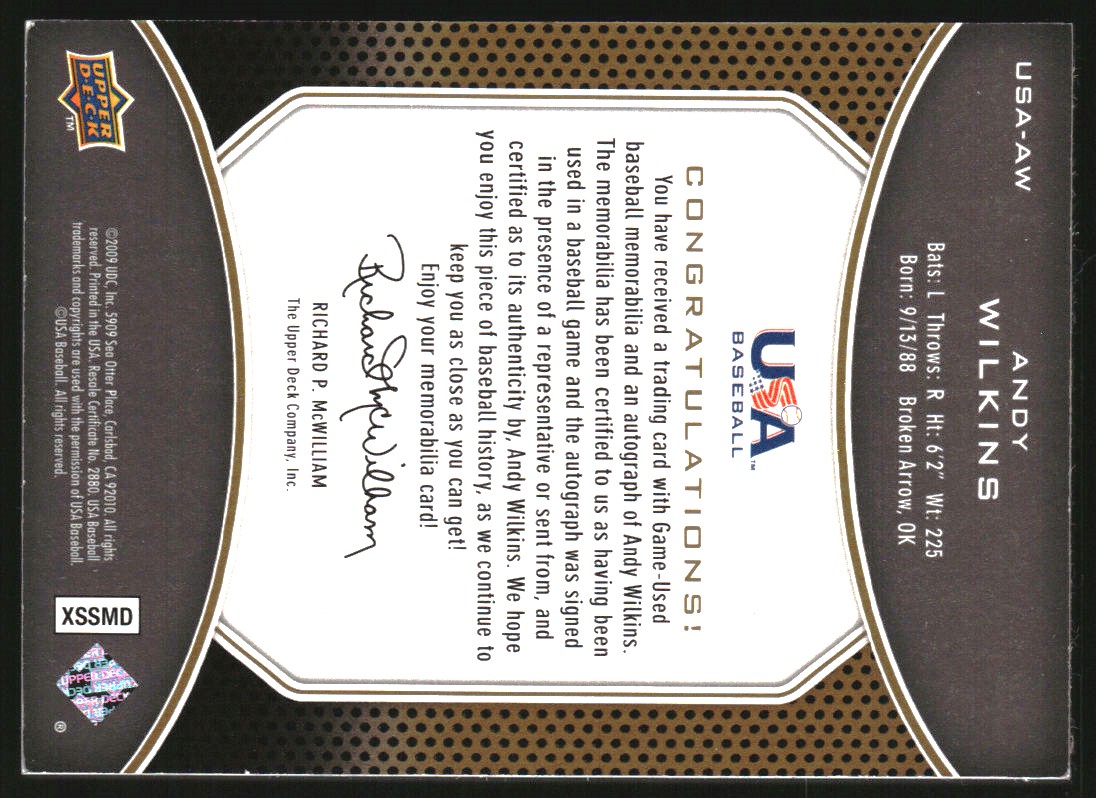 2009 Upper Deck Signature Stars USA Star Prospects Jersey Autographs #AW Andy Wilkins back image