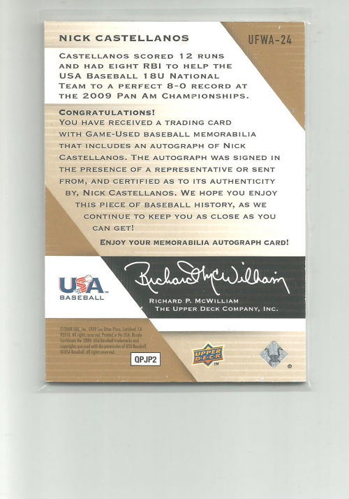 2009 Upper Deck Signature Stars USA National Team Future Watch Jersey Autographs #24 Nick Castellanos/799 back image
