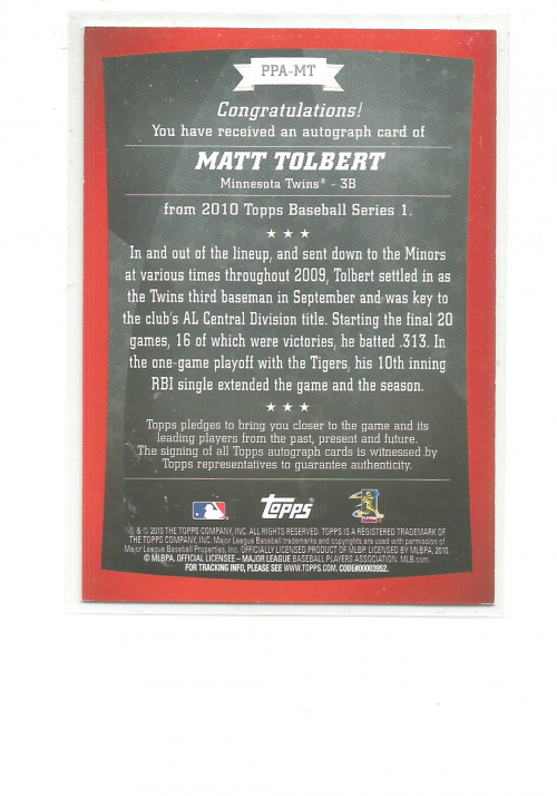 2010 Topps Peak Performance Autographs #MT Matt Tolbert back image