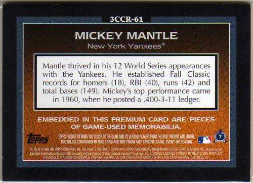 2009 Topps Sterling Career Chronicles Relics Triple 10 #61 Mickey Mantle back image