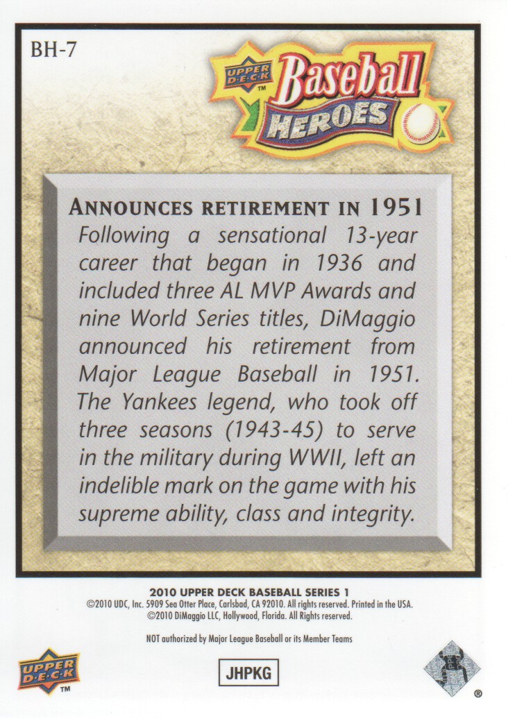 2010 Upper Deck Baseball Heroes #BH7 Joe DiMaggio back image