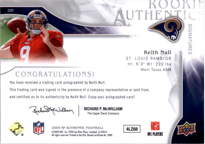 2009 SP Authentic #320 Keith Null AU RC back image