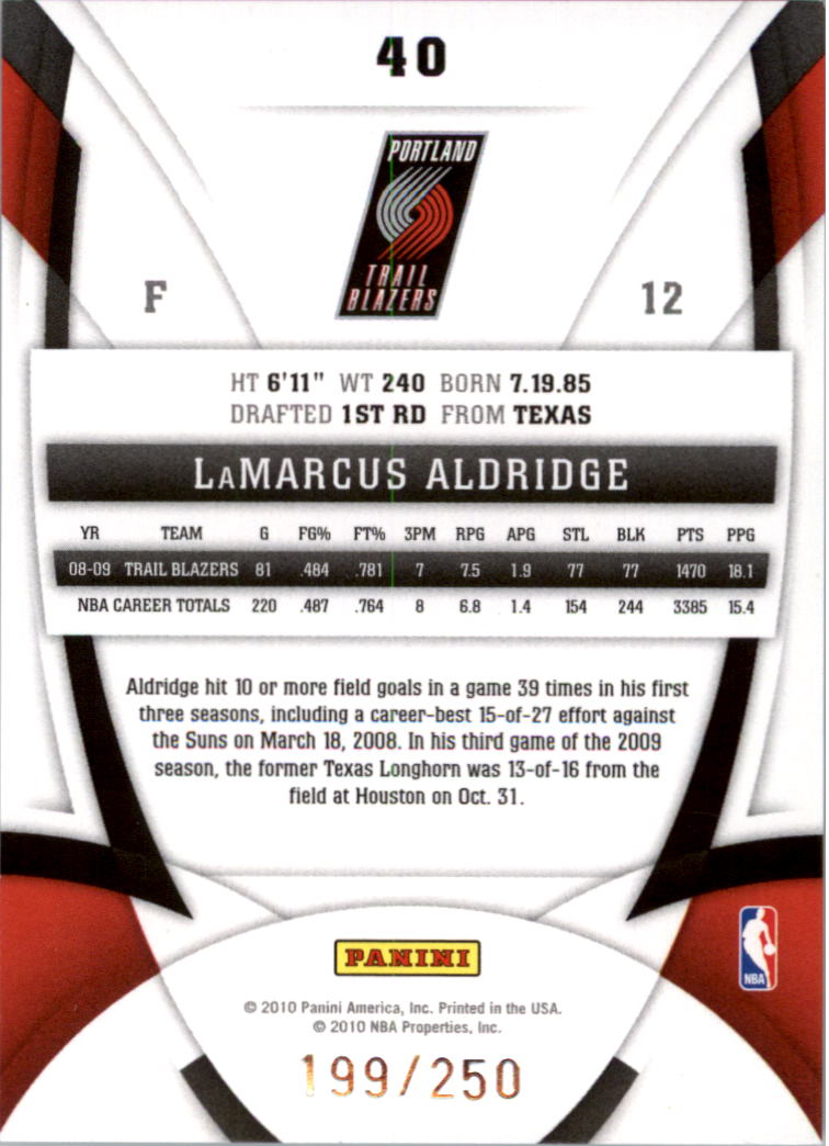 2009-10 Certified Mirror Red #40 LaMarcus Aldridge back image