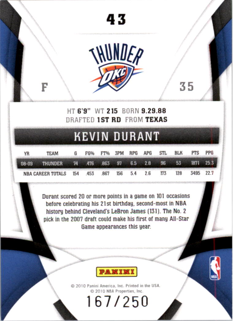 2009-10 Certified Mirror Red #43 Kevin Durant back image