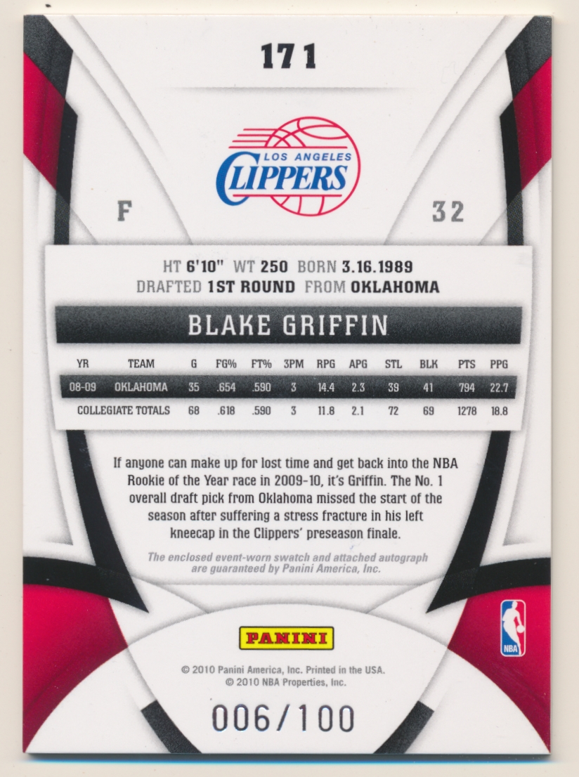 2009-10 Certified Mirror Red #171 Blake Griffin JSY AU back image