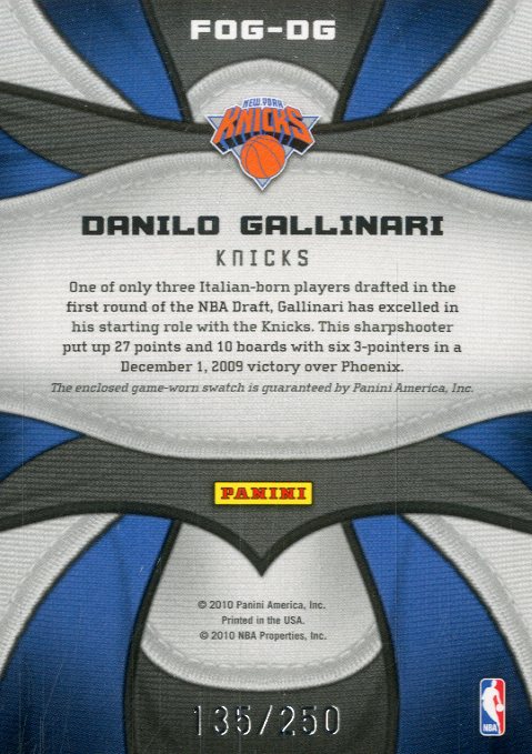 2009-10 Certified Fabric of the Game #89 Danilo Gallinari/250 back image
