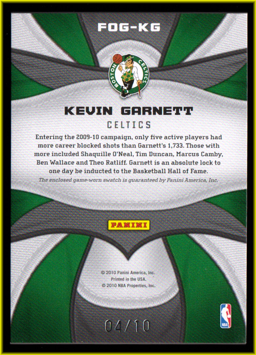 2009-10 Certified Fabric of the Game Prime #78 Kevin Garnett/10 back image