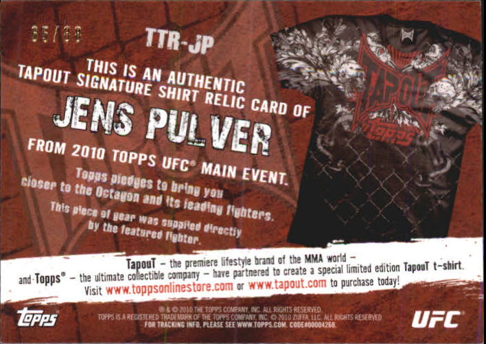 2010 Topps UFC Main Event Tapout Relics Bronze #TTRJP Jens Pulver back image