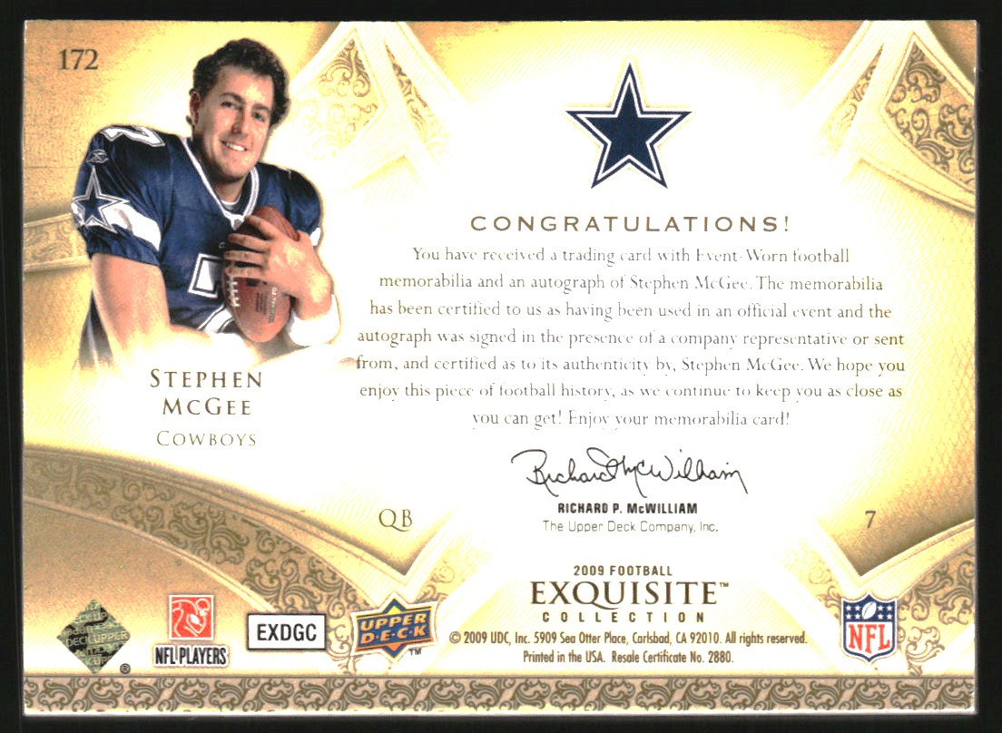 2009 Exquisite Collection #172 Stephen McGee JSY AU RC