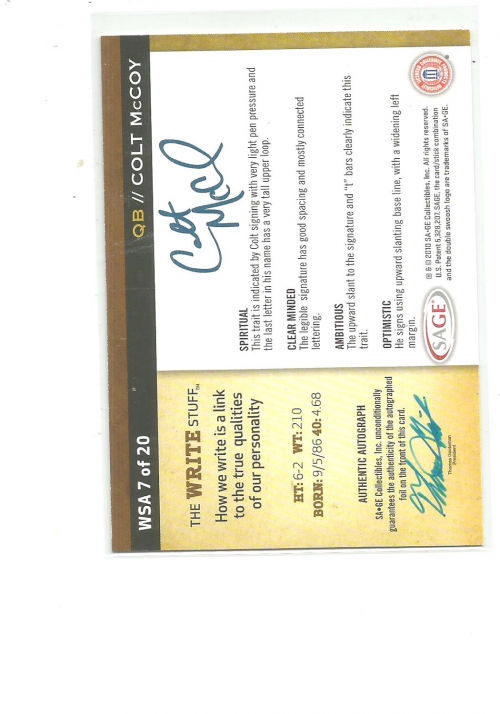 2010 SAGE HIT Write Stuff Autographs #WS7 Colt McCoy back image