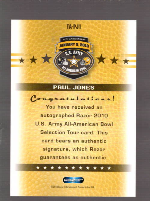2010 Razor Army All-American Bowl Tour Autographs Silver #PJ1 Paul Jones back image
