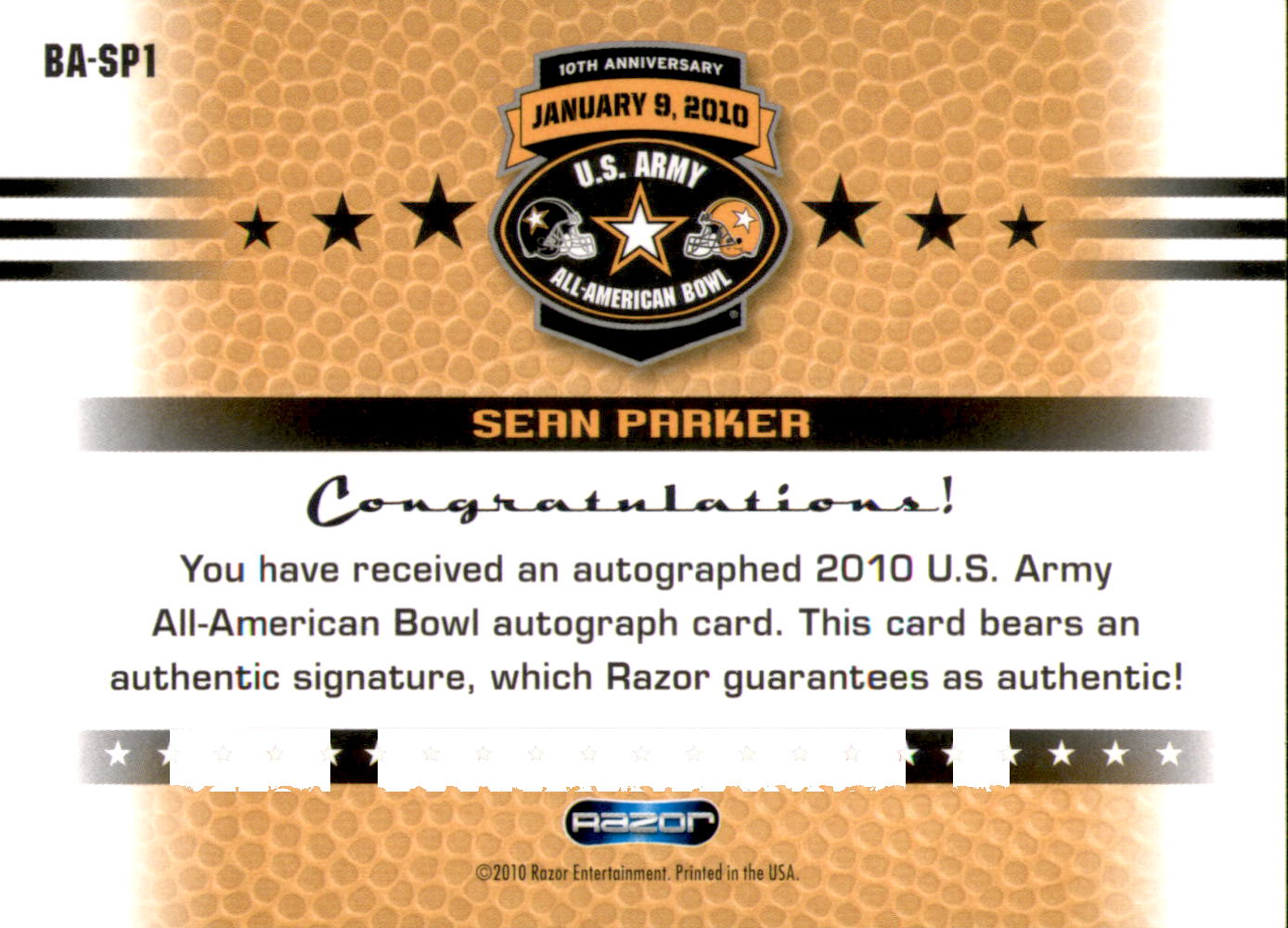 2010 Razor Army All-American Bowl Autographs #SP1 Sean Parker/184* back image