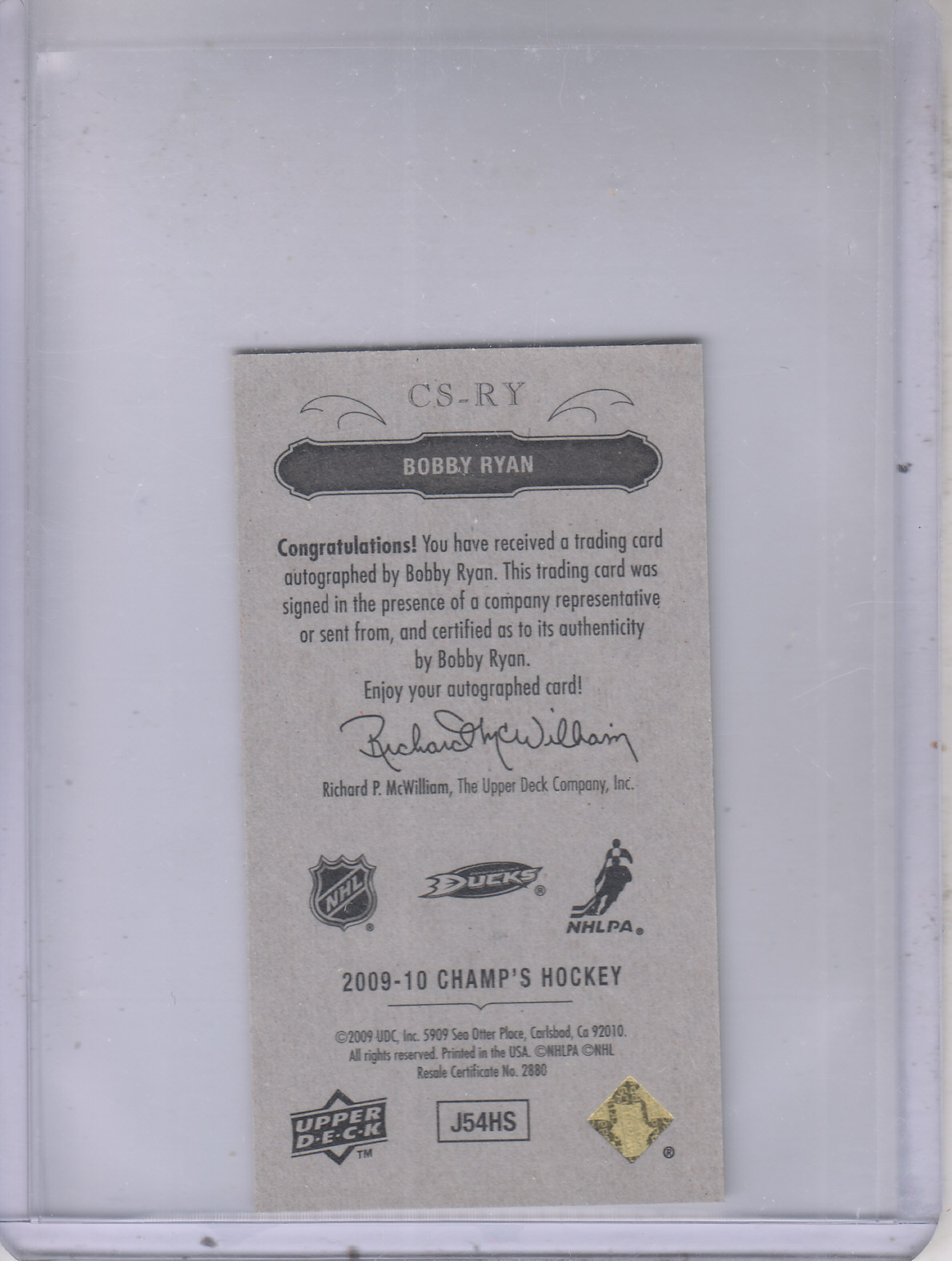 2009-10 Upper Deck Champ's Signatures #CSRY Bobby Ryan back image