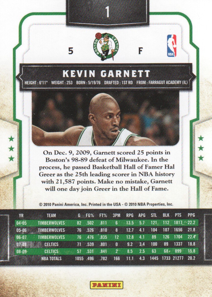 2009-10 Classics #1 Kevin Garnett back image