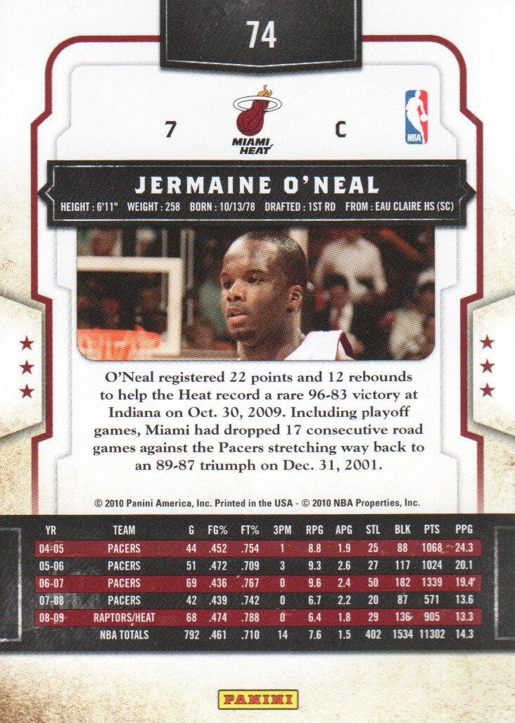 2009-10 Classics #74 Jermaine O'Neal back image