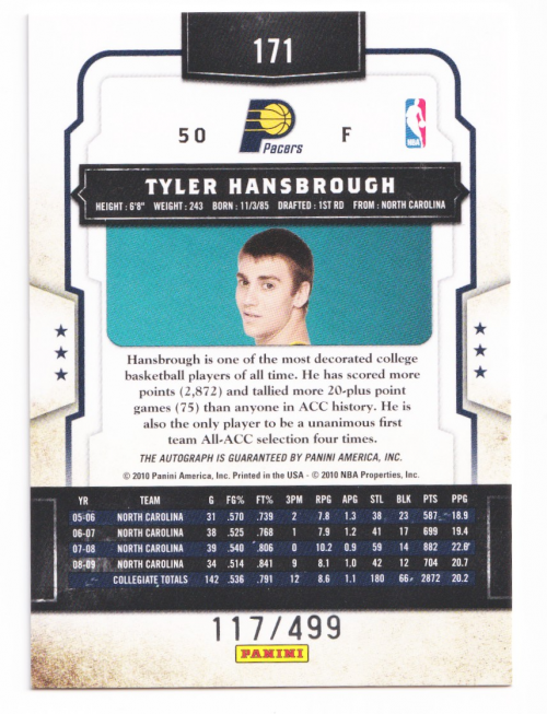 2009-10 Classics #171 Tyler Hansbrough AU/499 RC back image