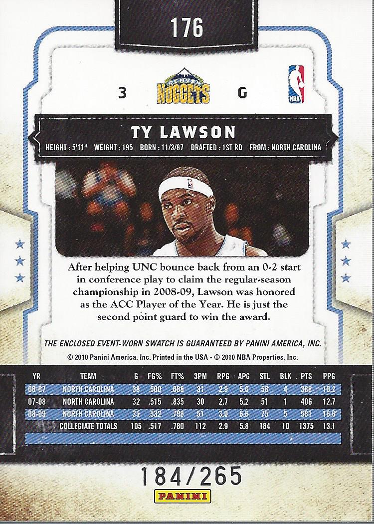 2009-10 Classics Timeless Threads #176 Ty Lawson/265 back image