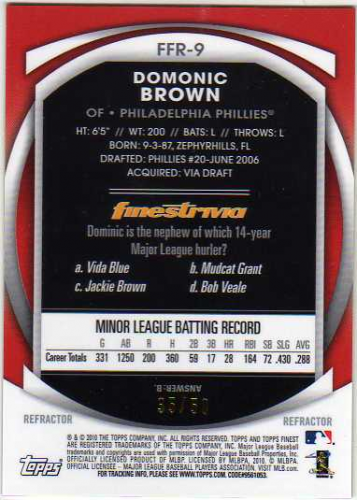 2010 Finest Rookie Redemption Gold Refractors #9 Domonic Brown back image