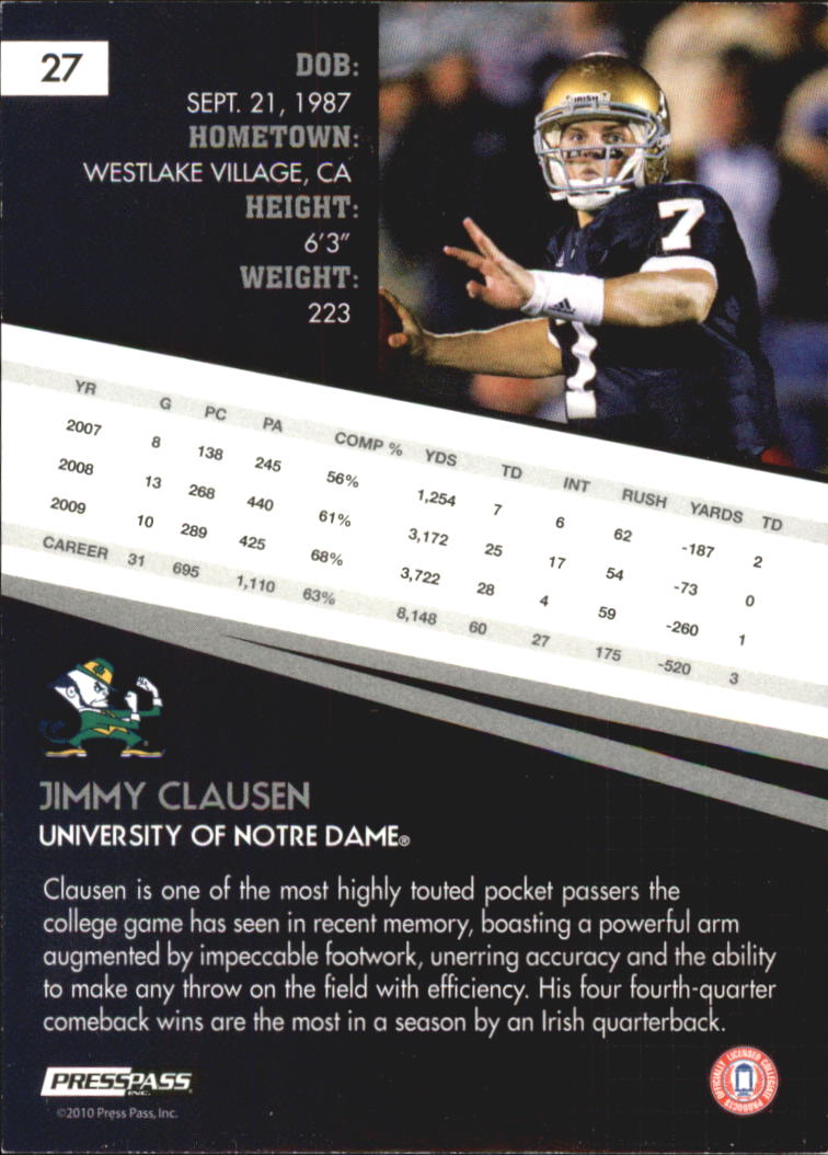2010 Press Pass Reflectors #27 Jimmy Clausen back image
