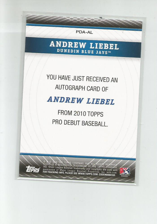 2010 Topps Pro Debut Prospect Autographs #AL Andrew Liebel back image