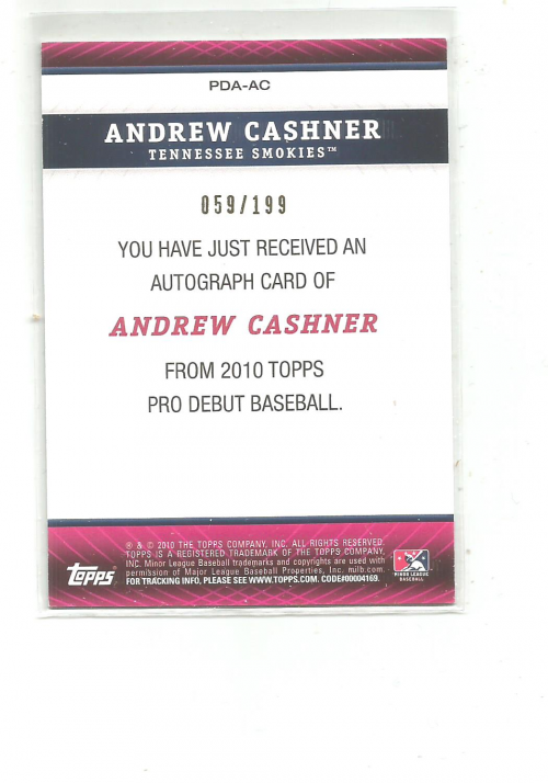 2010 Topps Pro Debut Prospect Autographs Blue #AC Andrew Cashner back image
