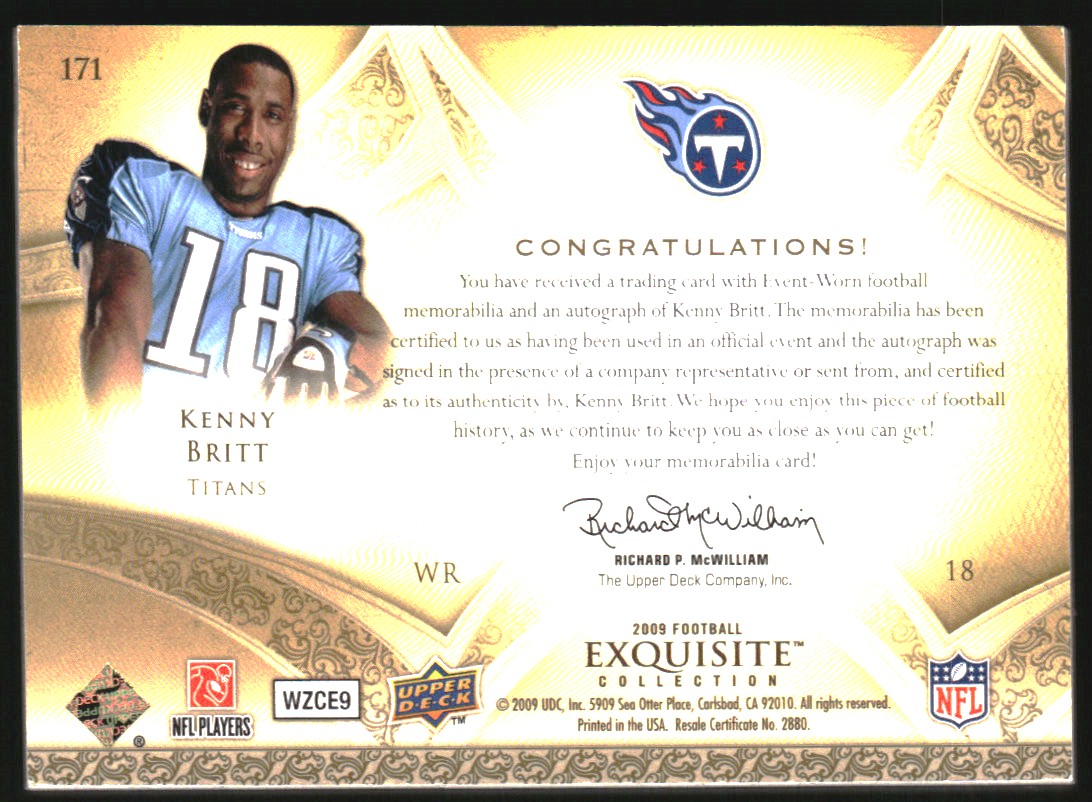 2009 Exquisite Collection Rookie Silver Holofoil #171 Kenny Britt JSY AU