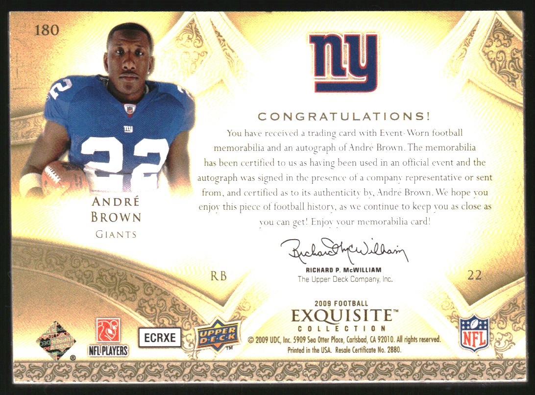 2009 Exquisite Collection Rookie Silver Holofoil #180 Andre Brown JSY AU