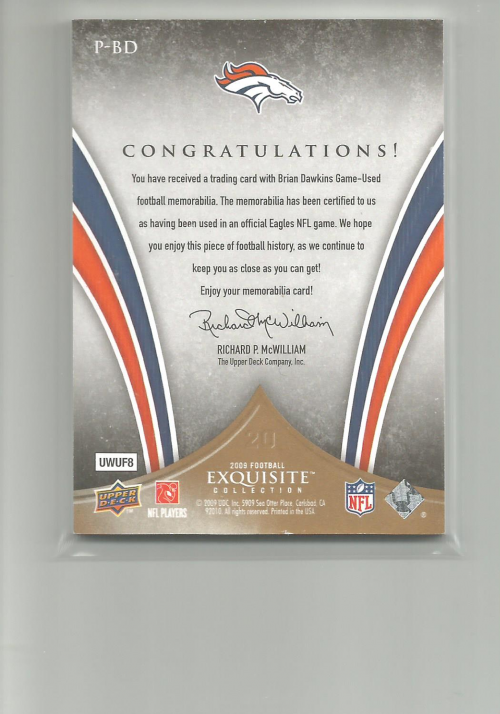 2009 Exquisite Collection Patch #PBD Brian Dawkins back image